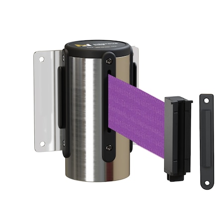 Montour Line Retr. Belt Barrier Wall Mnt Pol. Stainless Case Fxd, 8.5' Purple Belt MWM100-PS-PE-F-S-85